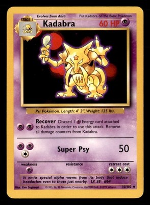 Kadabra 32/102 Uncommon Base Set Unlimited Pokemon Lightly Played