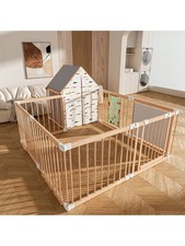 Natural Wood Baby Playpen 10 Panel Foldable Play Yard with Door and Built-in Toy