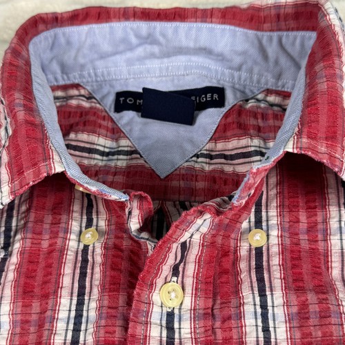 Tommy Hilfiger Red Plaid Seersucker Large Button Down Men's Short Sleeve Shirt - Picture 5 of 12