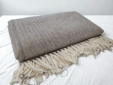 Wool Blend Herringbone Throw Blanket 78x63 Taupe Beige Cream Fringe Sofa Bed