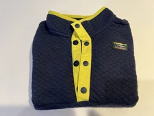 LL BEAN NAVY QUILTED SWEATSHIRT WITH SNAPS, SIZE 4 T/ FLUORESCENT YELLOW TRIM