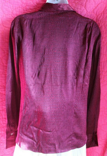 NY & CO Wine Silk Button Up Blouse + Tie @ Neck Geometric Print Career Top Sz M - Picture 3 of 4