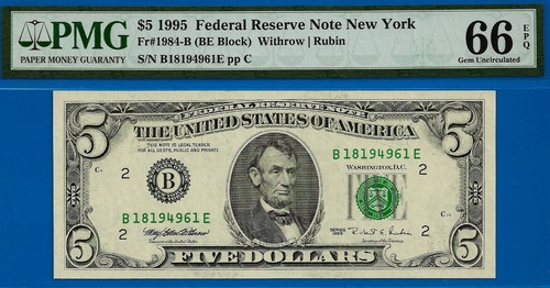 1995 $5 Federal Reserve Note PMG 66EPQ 2nd highest graded BE block Fr 1984-B
