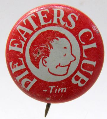 1930's TIM PIE EATERS CLUB pinback button Superman related RED tin litho