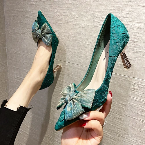 Womens Shoes Mid Kitten Heels Pointed Toe Slip On Bowknot Pumps Wedding Party - Picture 2 of 16