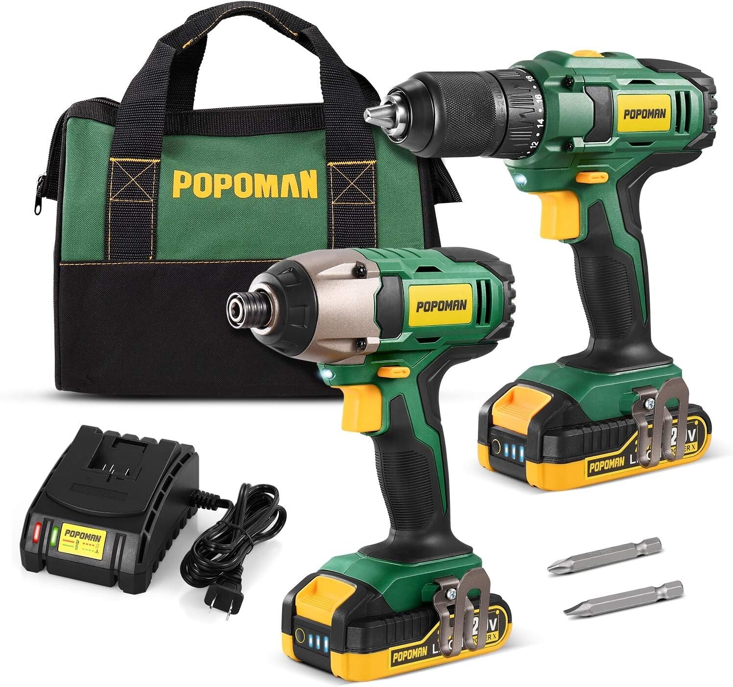 POPOMAN 20V Drill Combo Kit,59 Min Fast Charging, 2x2.0Ah Batteries
