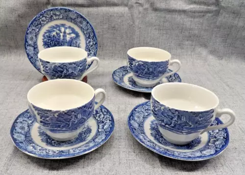 Liberty Blue Cup & Saucer Paul Revere Old North Church Staffordshire Set of 4