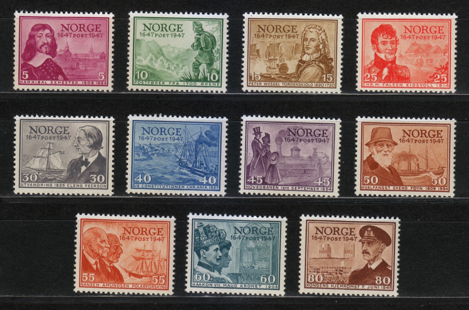 Norway 1947 MNH Mi 323-333 Sc 279-289 History of Norwegian postal ...