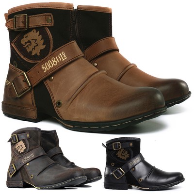 Men's Leather Buckle Round Toe Mid Calf Knight Desert Boots Casual Zipper Shoes