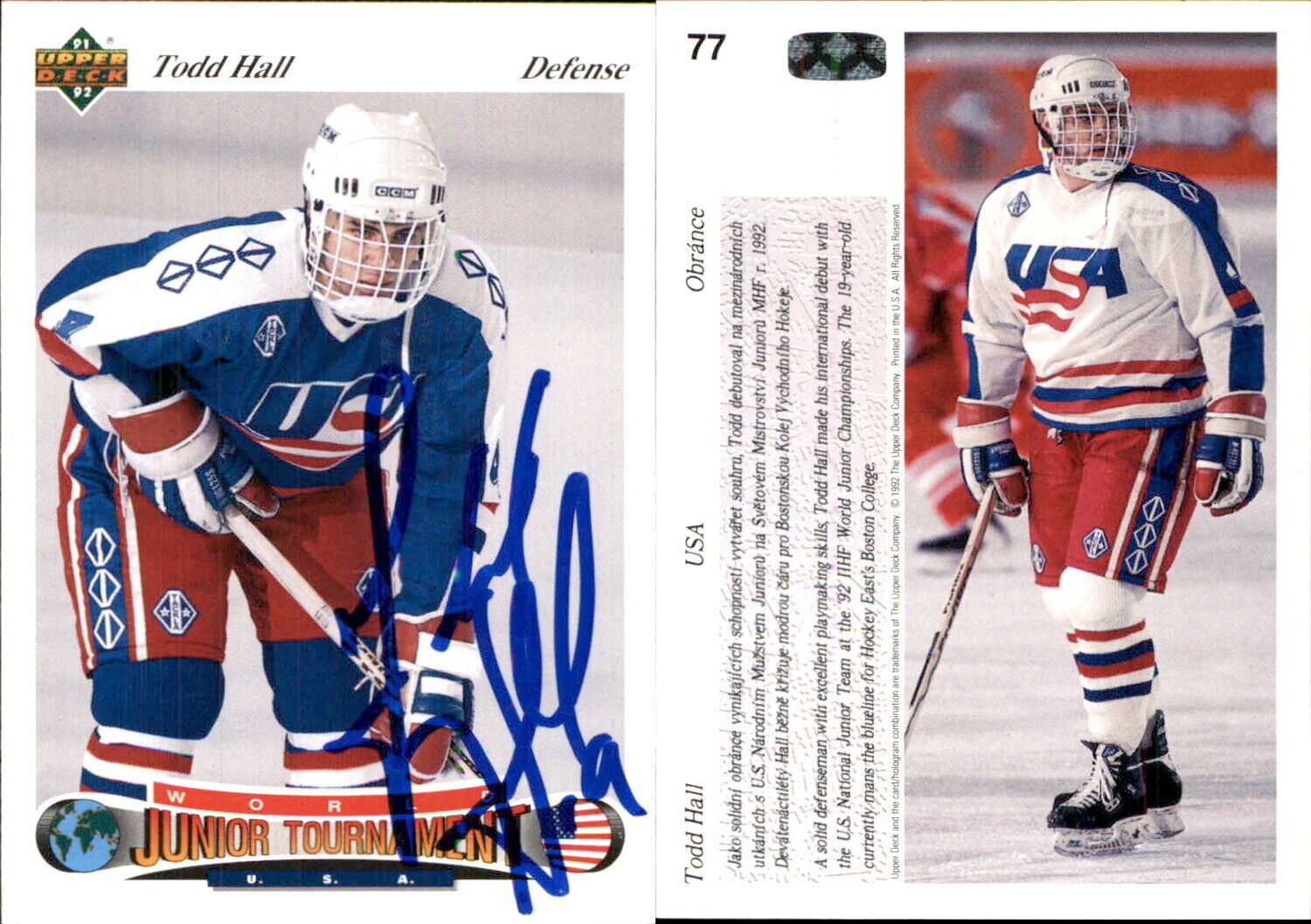 Todd Hall Signed 1991-92 Upper Deck Czech World Juniors #77 Card USA Auto AU