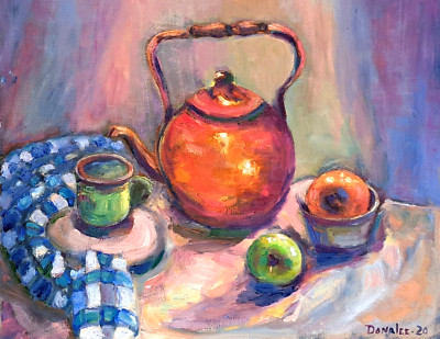 Oil Painting Still Life Copper Tea Pot Fruit Kitchen Original OOAK by Donalee