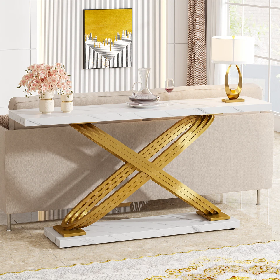 55" White Gold Entryway Table Modern Faux Marble Console Table with X-Shape Base - Image 2 of 4