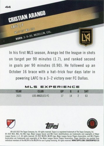 2022 Topps MLS Cristian Arango Los Angeles FC #44 Soccer LA F - Picture 2 of 3