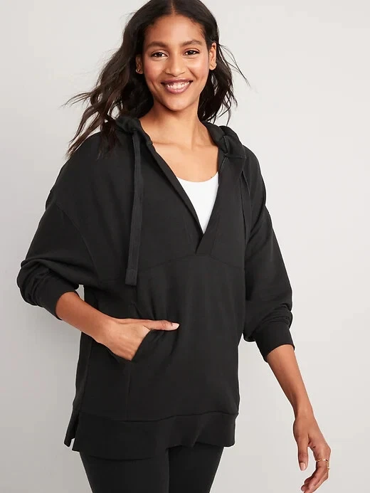 New OLD NAVY Live-In Cozy-Knit TUNIC HOODIE Women LARGE TALL French-Terry  BLACK | eBay