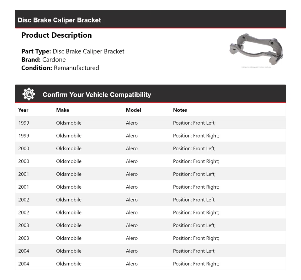 Soporte pinza freno disco Cardone 2000 2001 2002 Oldsmobile Alero 1999-2004 Foto 2 de 4