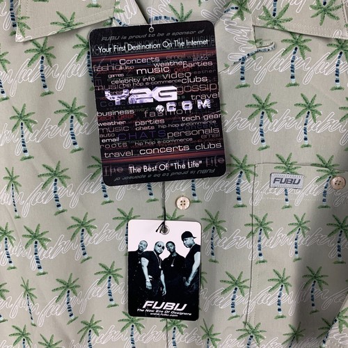 Vintage Fubu Shirt L-XL Y2K Green Mens Hawaiian Button Up Floral Palms Polyester - Picture 6 of 16