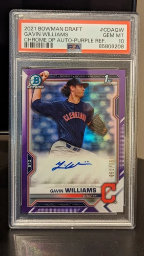 2021 Bowman Draft Gavin Williams 1st Auto Purple 51/250 Guardians ECU PSA 10