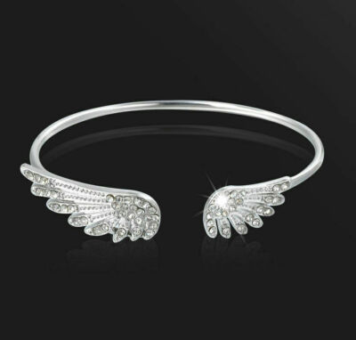 Elegant 925 Sterling Silver Angel Wings White Topaz Fashion Bracelet Bangle Cuff