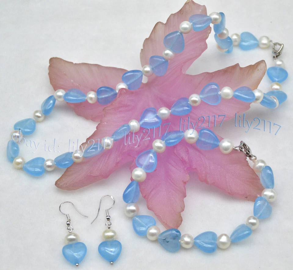 Juego de pendientes collar pulsera perlas blancas gemas corazón aguamarina azul claro de 12 mm Foto 4 de 4