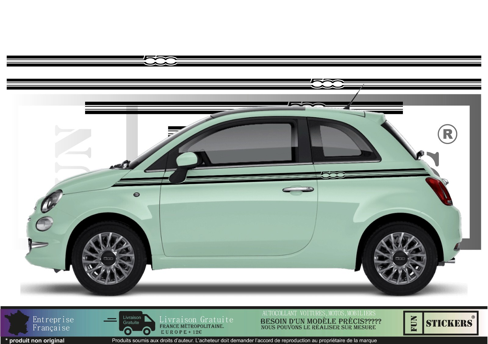 Kit bandes Fiat 500 autocollant de décoration racing pour personnalisation carrosserie sport