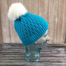 Handmade 100 Merino Wool Faux Fur Pom Pom Beanie Winter Hat turquoise blue