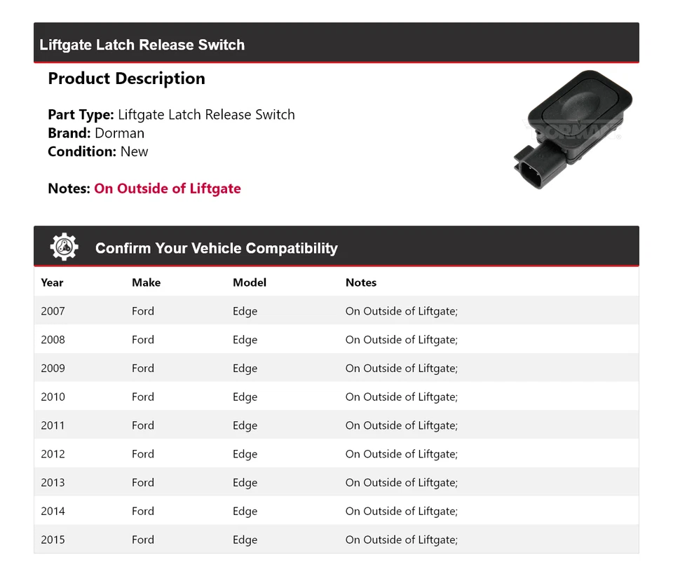 Interruptor de liberación de pestillo de puerta levadiza para Ford Edge Dorman 2007-2015 2008 2009 2010 2011 Foto 2 de 4