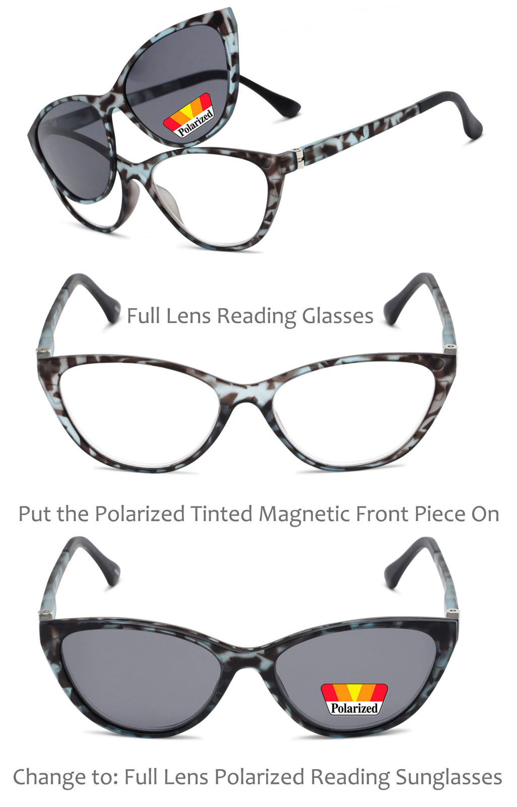 Cat Eye Frame Magnetic Clip On Polarized Sunglasses On Full Lens