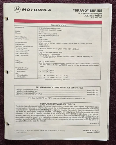 Motorola Bravo Series Pagers A05JRB/C Models Service Manual 68P81006B85-C