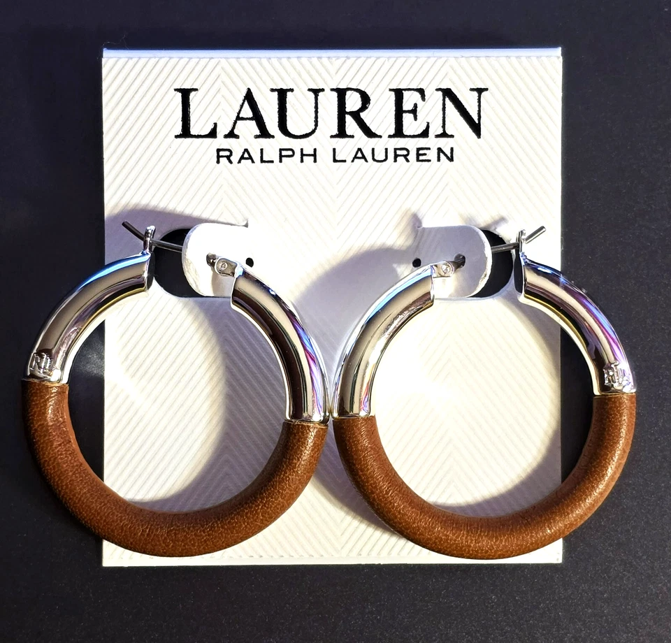 НОВЫЙ RALPH LAUREN СЕРЕБРЯНОГО ТОНА, КОНЬЯК КОЖИ ОБЕРНУТЫЙ СЕРЬГИ-КОЛЬЦА - Изображение 2 из 4