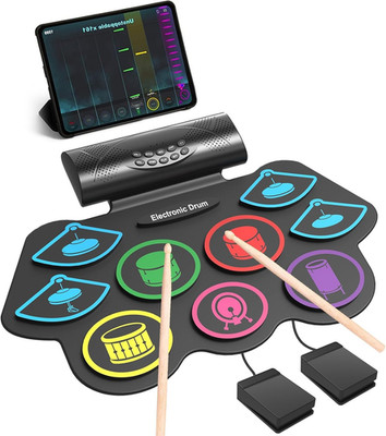 9 Pad Electronic Drum Set, Roll up Portable Drum Pad Kit with MIDI Bluetooth, Bu