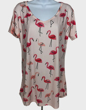 Tickled Teal T Shirt Women Size L Lt Pink w Pink Flamingos V neck Short Sleeves