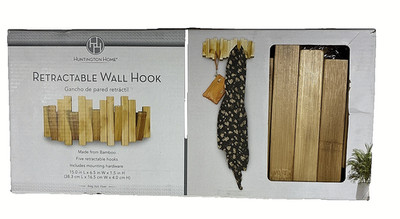 NIB Entryway Retractable Wall Hooks Bamboo 5 Fold Out Hook Rack Bathroom