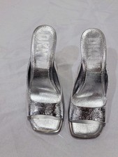 DKNY Silver Leather Mule Heels Slip On Square Toe Women  s Size 7M