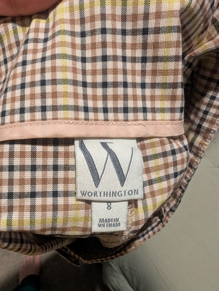 Pantalones Cortos Worthington Mujer 8 Marrón Bolsillos de tiro alto, Preppy, Cuadros Foto 3 de 4