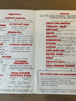Vintage 1982 Menu Fish Market Seafood Restaurant Del Mar CA As Is