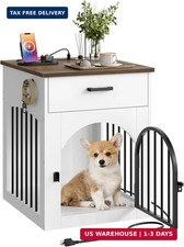 Dog Crate Furniture, Wooden Dog Kennel with Charging Station and Storage Drawer,