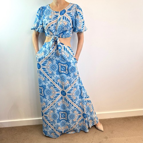 Cinque Size 12 M Blue Floral Linen Blend Short Sleeved Cutout Maxi Dress Ties - Picture 3 of 17