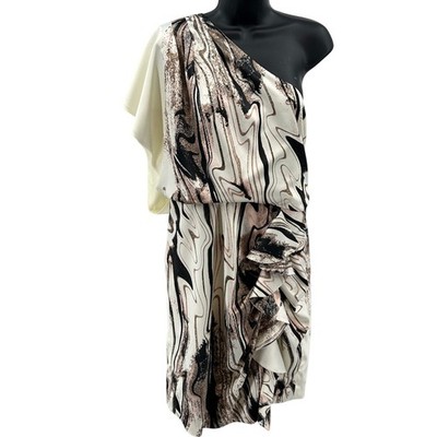 Jessica Simpson Mini Dress Sz 14 Cream Pink Abstract One Shoulder Ruffled