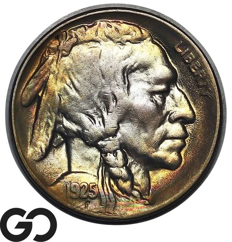 1925-S Buffalo Nickel Lustrous Rainbow Toner, Choice AU++