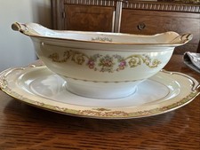 Vintage 1930 Noritake Japan Gravy Sauce Boat w/attached underplate Hand Painted