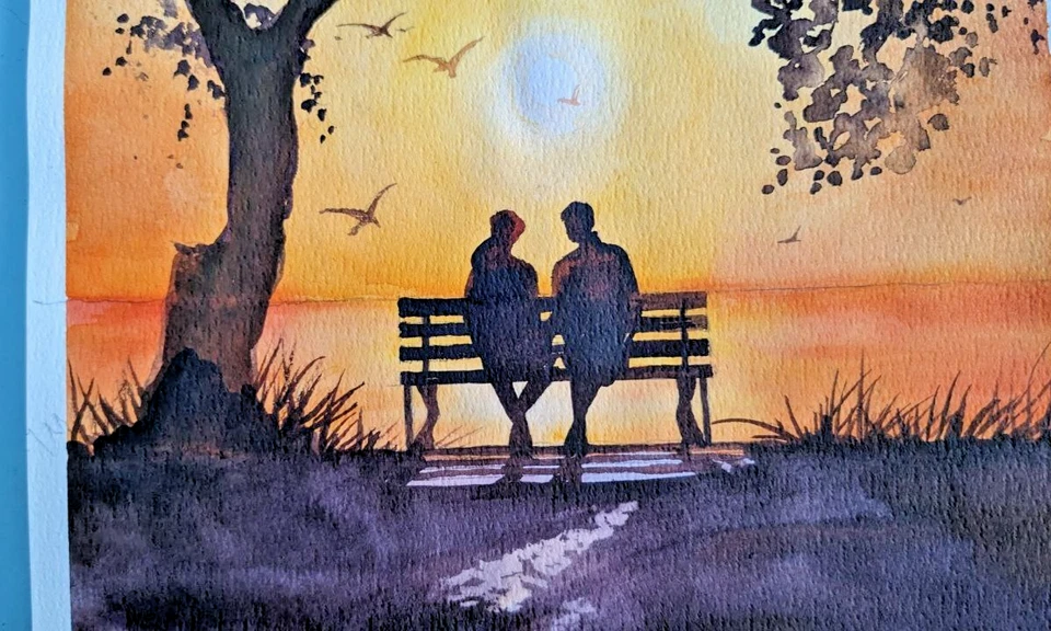 Romántico atardecer acuarela pintura pareja en banco debajo del árbol amor arte de pared Foto 3 de 4