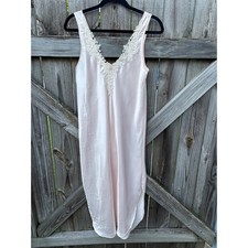 Vintage Pink Satin Nightgown Lace Pearl Floral Trim Sleeveless Sleepwear Dress