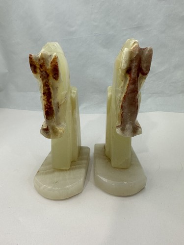 Pair of Vintage Heavy Hand Carved Marble Onyx Horse Head Bookends • 6 1/4” Tall - Picture 3 of 9