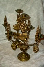 ANTIQUE FRENCH BRONZE CHURCH ALTAR CANDELABRAS FLOWERS WHEAT GRAPES 1880s PAIR