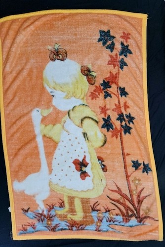 VTG Orange Little Girl Goose Duck Pond Leaf Microplush Throw Blanket 40x60 - Picture 14 of 16