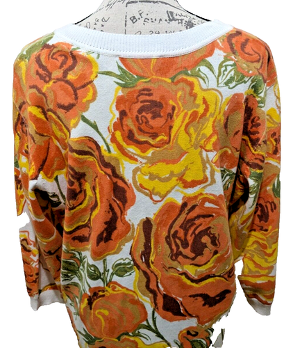 Bob Mackie Wearable Art Sweater Large Bold Orange Yellow Floral White Trim - Picture 10 of 12