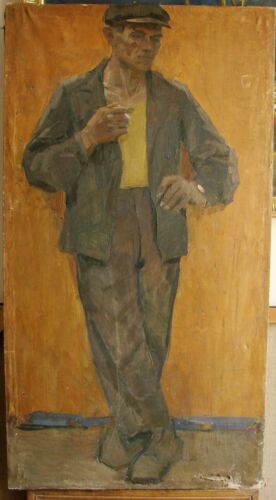 Peinture à l'huile soviétique ukrainienne réalisme portrait ouvrier homme sidérurgiste années 50 - Photo 1 sur 8