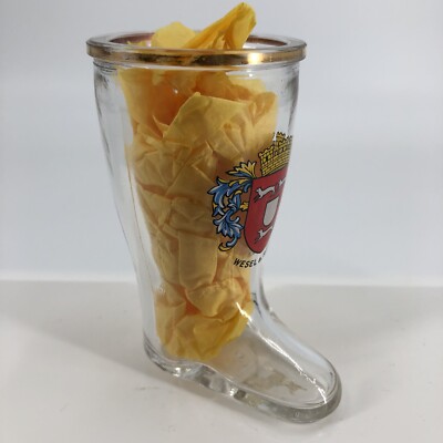 Wesel am Rhein Germany Boot Shaped Shot Glass, Gold Trim, German Coat of Arms