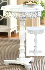 TAVOLO 21" INTAGLIATO SHABBY CHIC LEGNO DI PINO BIANCO FIORITO PIEDISTALLO FINE ACCENTO ** NUOVO CON SCATOLA