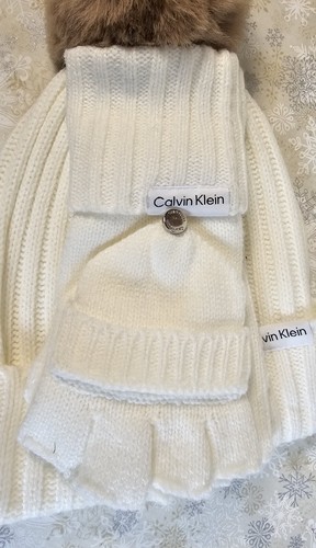 Calvin Klein Faux Fur Pom Pom Hat & Flip-Top Gloves, White, OS, FREE SHIPPING! - Picture 2 of 5